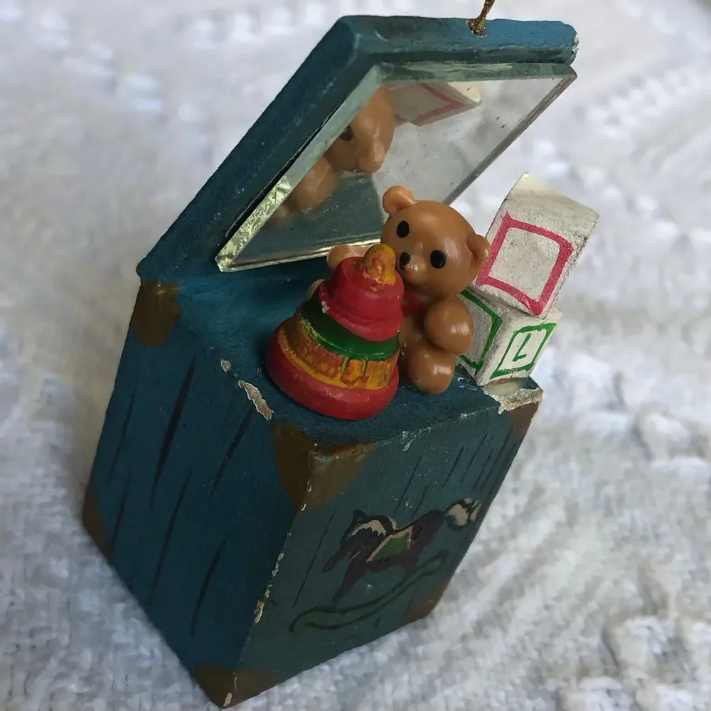 VTG Wooden Toy Chest Christmas Ornaments Noel Set of 2 Hand Painted Glass Mirror